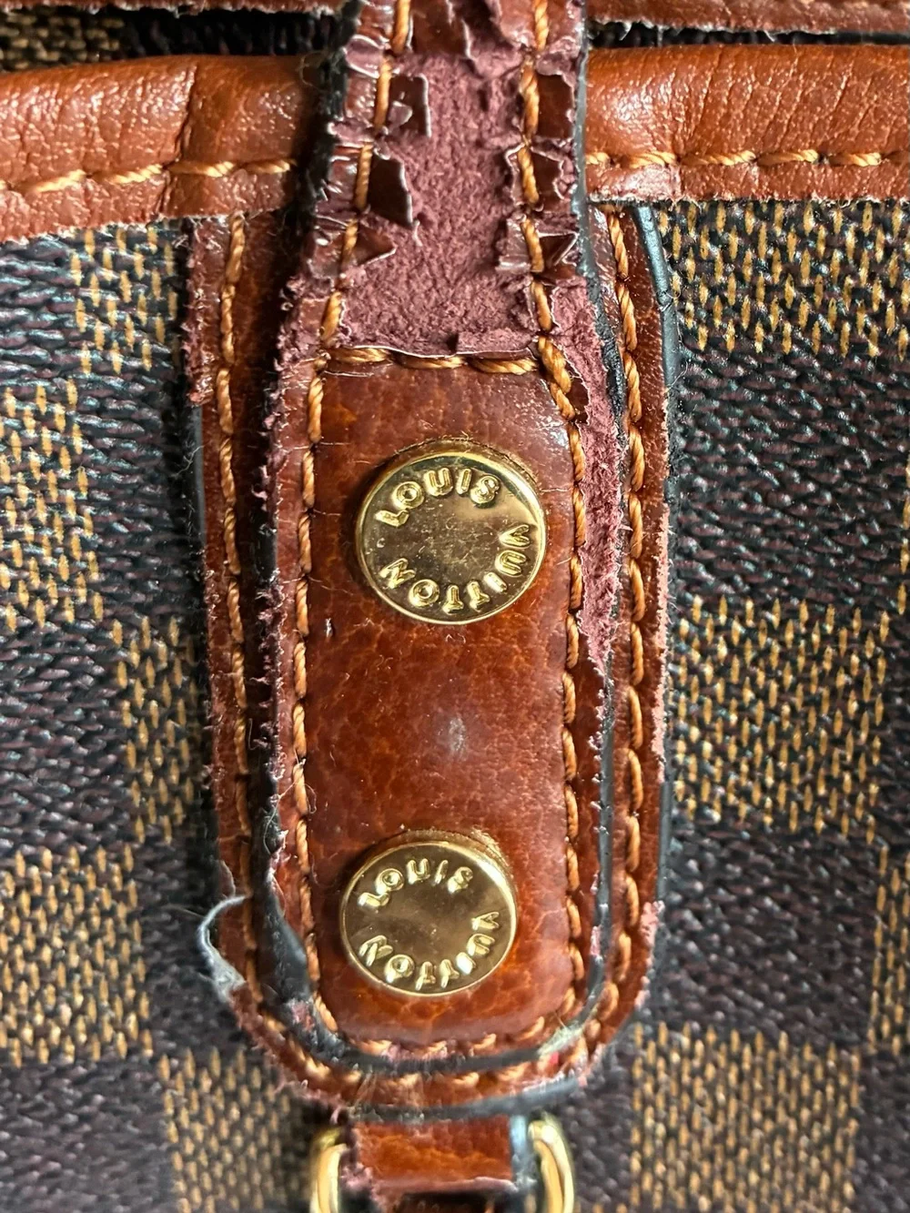 Luis Vuitton Brown Checkered Tote Bag with Dark Brown Trim